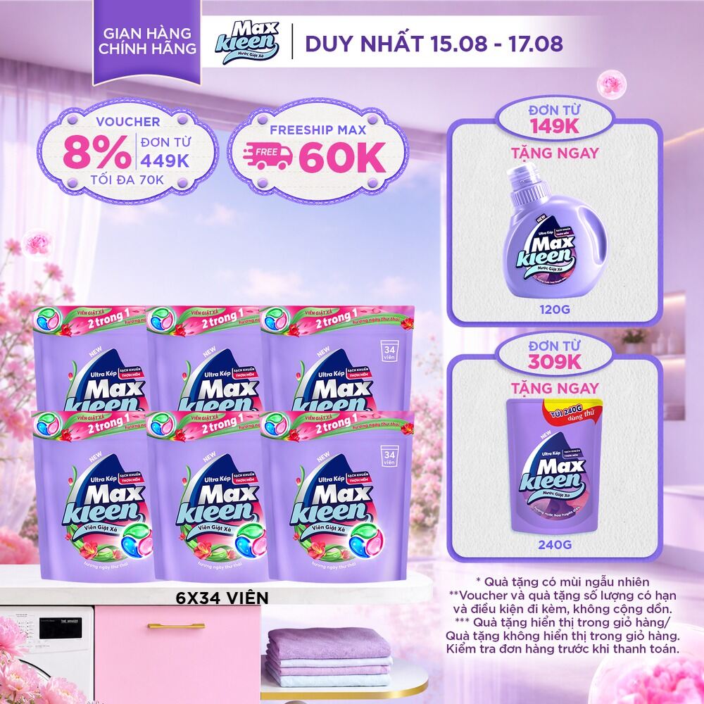 Combo 6 Túi viên giặt xả MaxKleen hương Nước Hoa Huyền Diệu (34 viên/ túi)