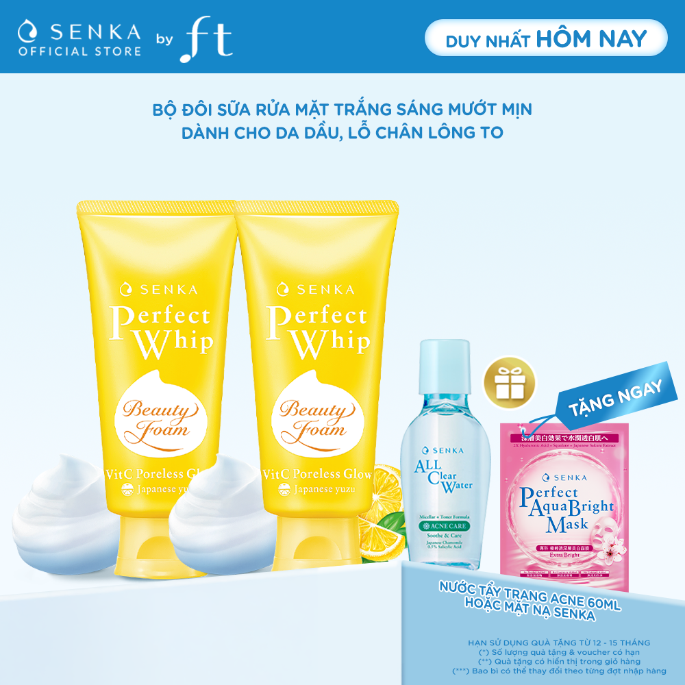 Bộ đôi sữa rửa mặt sáng mịn mờ thâm SENKA PERFECT WHIP VITC PORELESS GLOW 100GX2