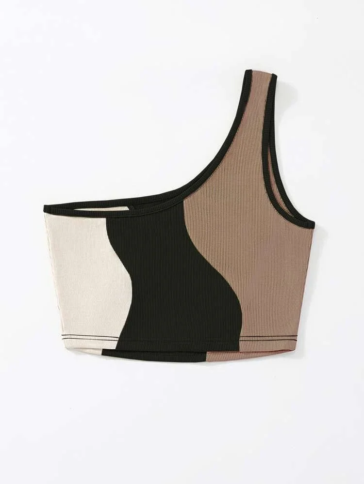 Áo croptop ĐEN lệch vai phối 3 màu (081210)