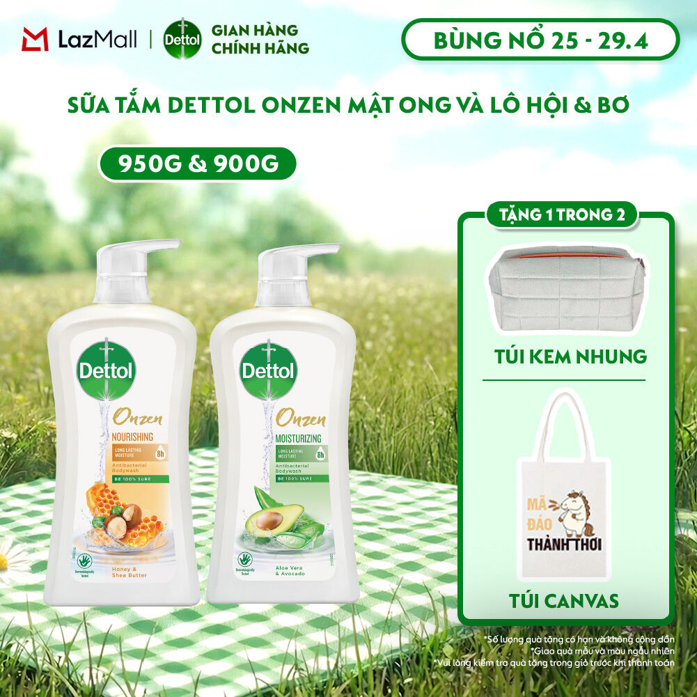 Combo 2 Chai Sữa Tắm Dettol Onzen Mật Ong Kháng Khuẩn Dưỡng Thể (950g) và Dưỡng Ẩm Lô Hội  Bơ (900g)