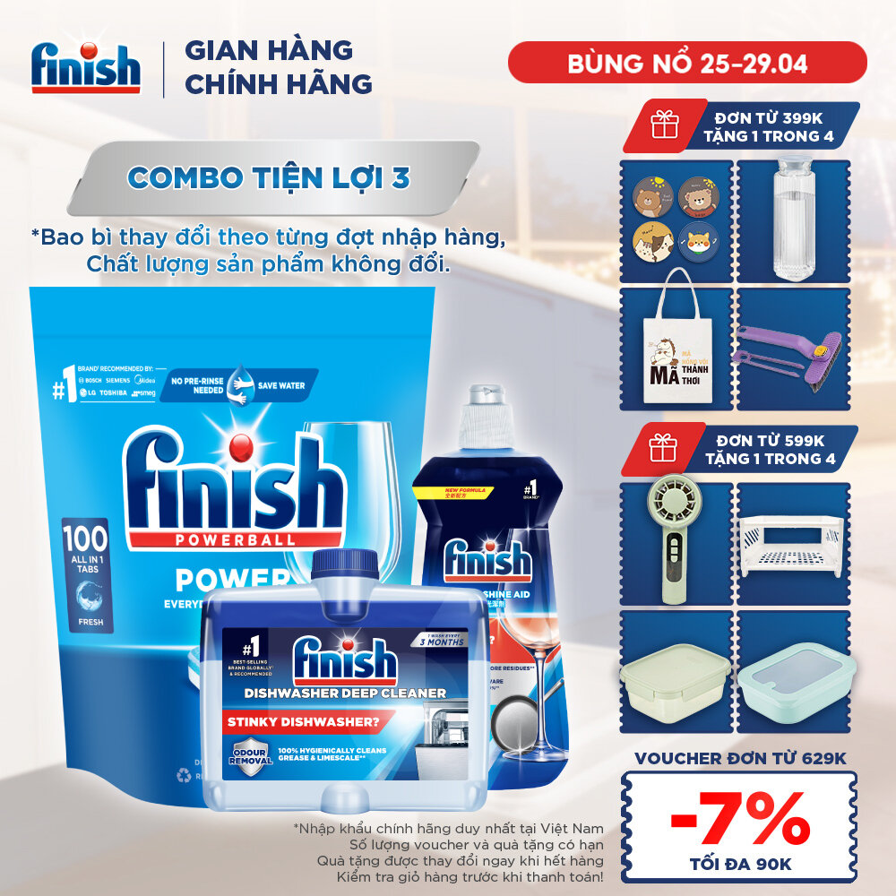 Combo Finish tiện lợi 3:Túi 100 Viên Rửa Bát Finish Everyday Clean  Shine + Nước Làm Bóng Finish 500ml+ Dung Dịch Vệ Sinh Máy Finish 250ml