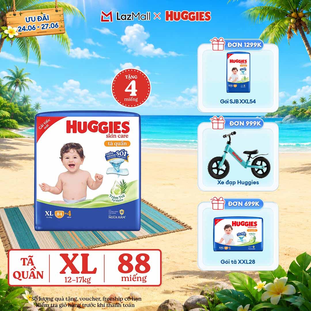 [Chỉ 25-29.06 GIẢM THÊM 90K]  Gói Tã/bỉm quần HUGGIES SKINCARE MEGA JUMBO size XL84+4 miếng