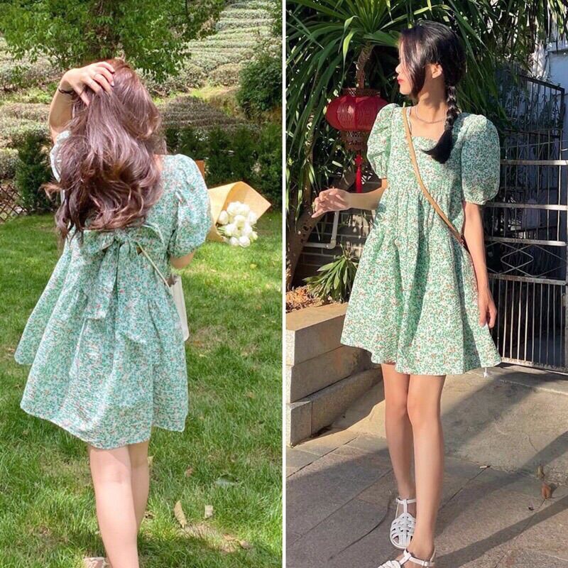 Váy babydoll hoa nhí xanh buộc nơ lưng xinh xắn - Đầm babydoll dáng xoè hoa nhí xanh nơ lưng Pea Store (Ảnh thật)