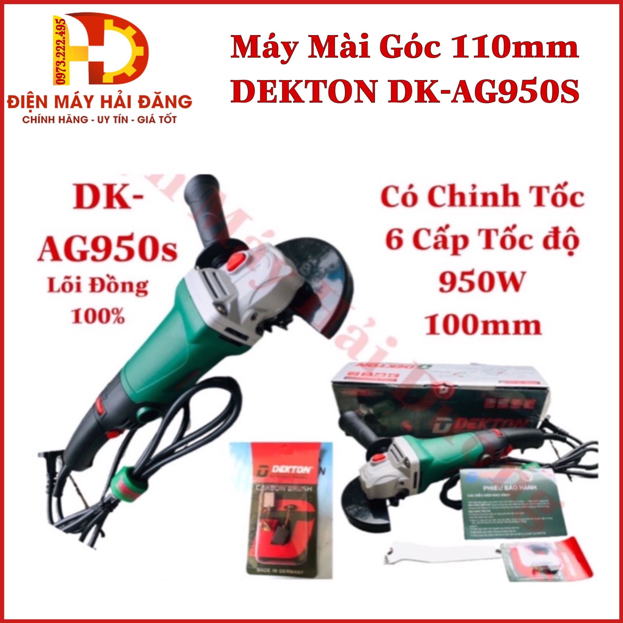 DEKTON DK-AG950S Máy mài góc 100mm.Chỉnh 6 tốc độ.950W Lõi Đồng 100%.Bảo Hành 6 Tháng