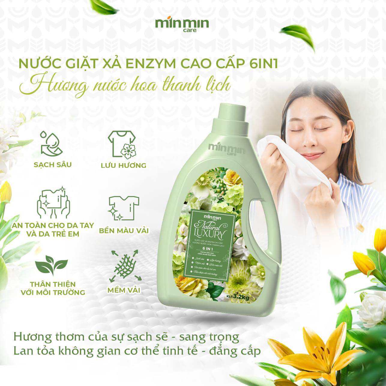 (Chính Hãng) Nước giặt xả Min Min Care 3,2kg -công nghệ Enzym cao cấp 6in1- sạch,an toàn, hương nước hoa, lưu hương