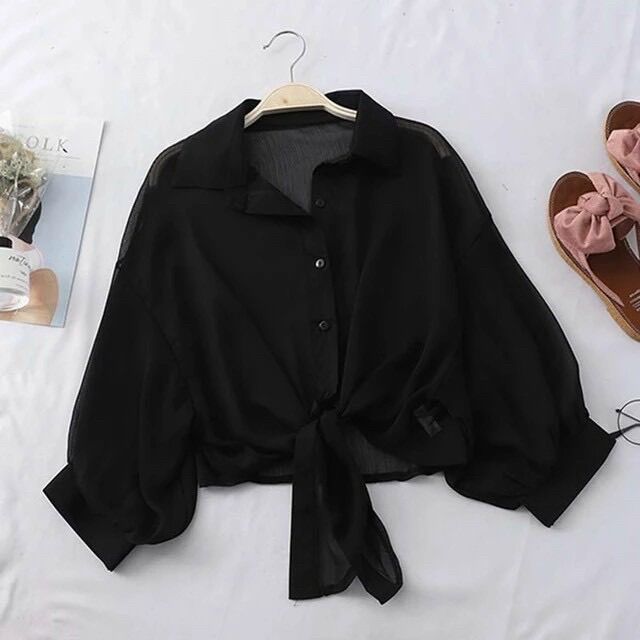 Set Sơ mi voan cột bụng + 2 dây