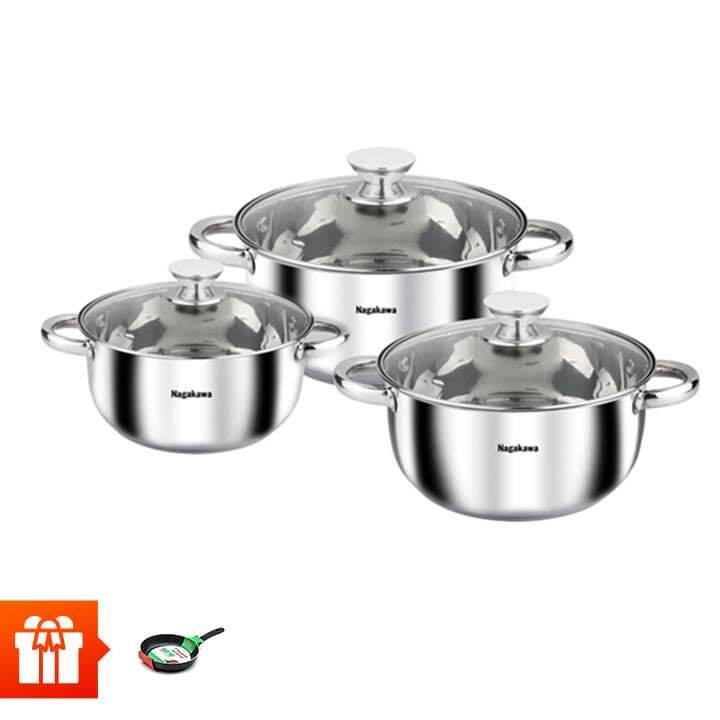 Nagakawa bộ 3 nồi inox 4 đáy 16-20-24 cm và 1 chảo đáy từ 20cm - dùng được tất cả các loại bếp- bảo hành 12 tháng