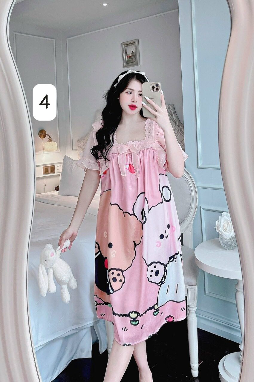 Đầm ngủ lụa xước phối ren hình cute. Freesize 45-60kg