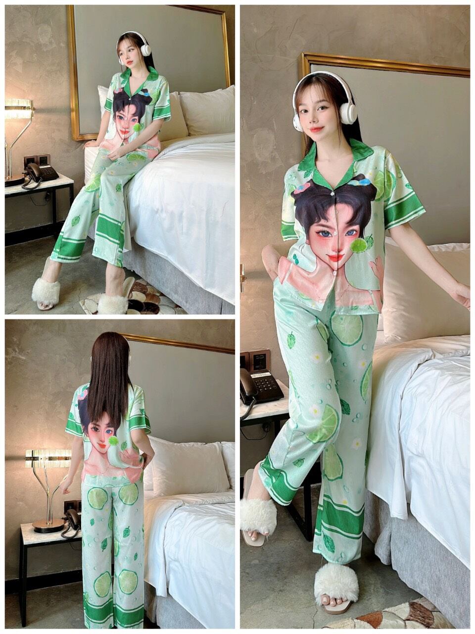 Freesize dưới 55kg - ĐỒ BỘ TK LỤA XƯỚC, PIJAMA CD HÌNH KHỦNG LONG SIÊU IU