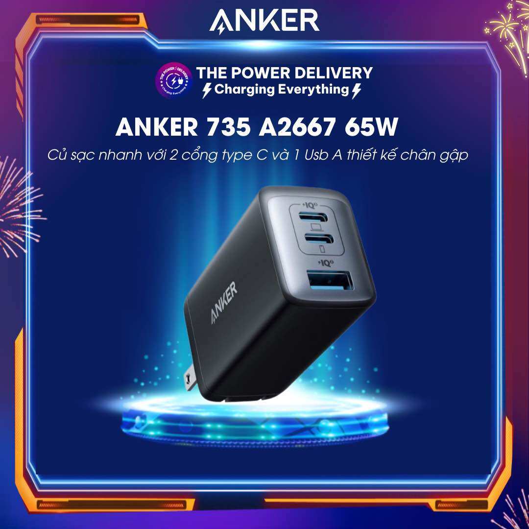 Củ sạc nhanh anker nano 2 65w pd/iq 3.0 3 cổng siêu nhỏ gọn - a2667 - bảo hành 12t
