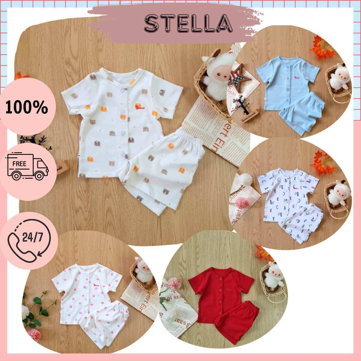 Đồ bộ cộc tay sơ sinh bé trai, bé gái 3-10kg. Đồ bộ sơ sinh cài nút cao cấp cho bé. Stella shop