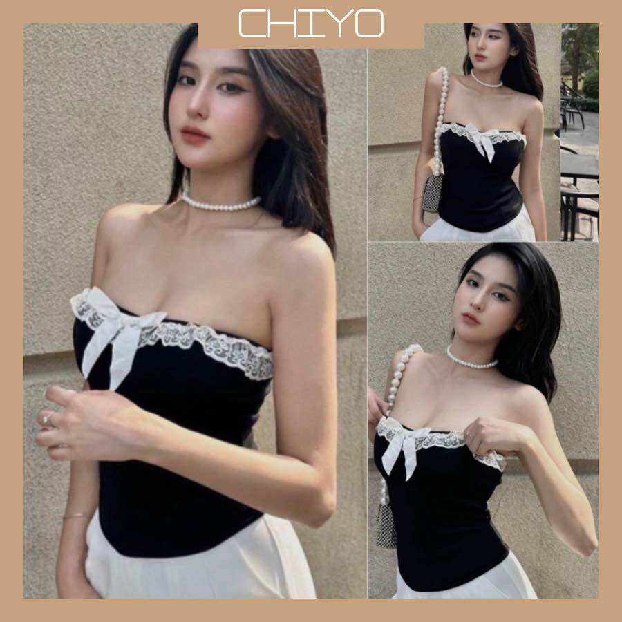 Áo ống cúp ngực phối nơ ren trắng nữ tính a316