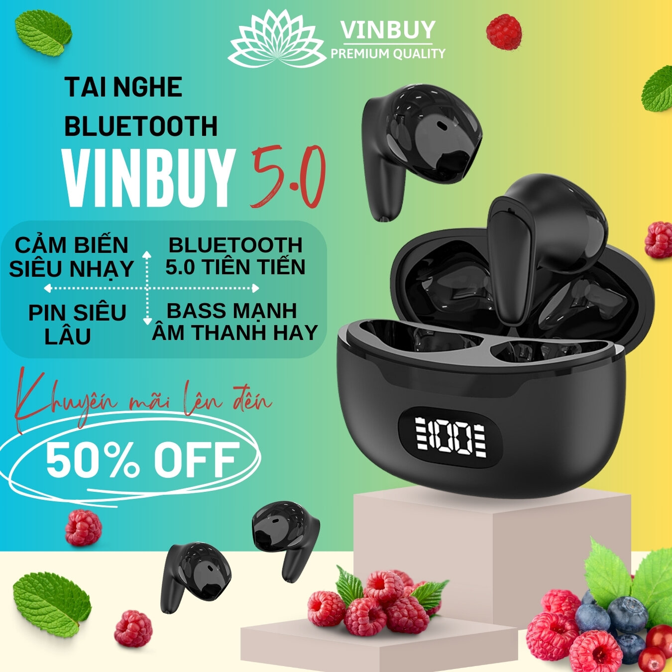  Tai Nghe Bluetooth Không Dây VinBuy Nhét Tai Chống Ồn Cao Cấp V5.0 Chính Hãng Dùng Cho Iphone Samsung OPPO VIVO HUAWEI XIAOMI - Hàng Chính Hãng 