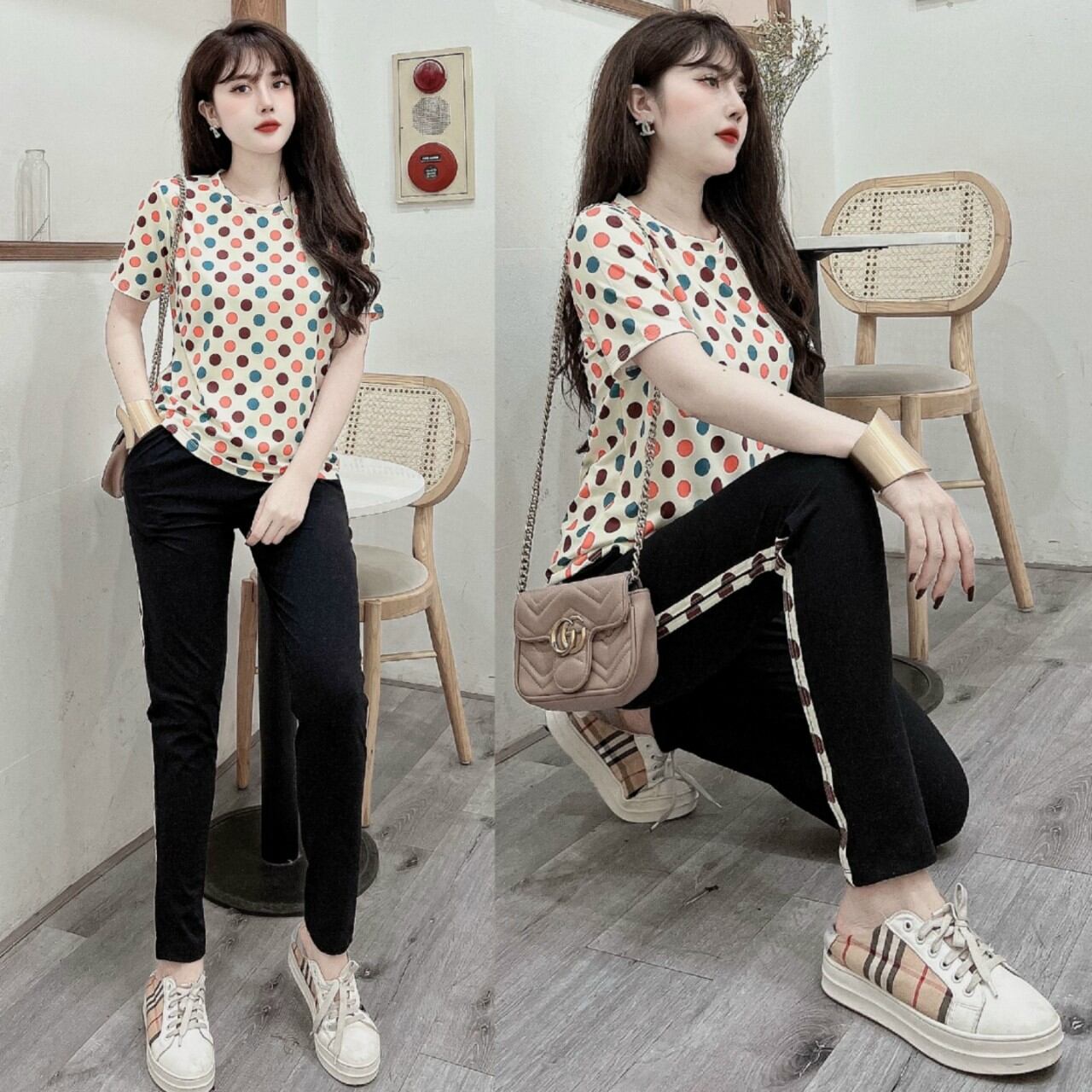 Sét đồ bộ nữ họa tiết chấm bi màu thời trang cao cấp