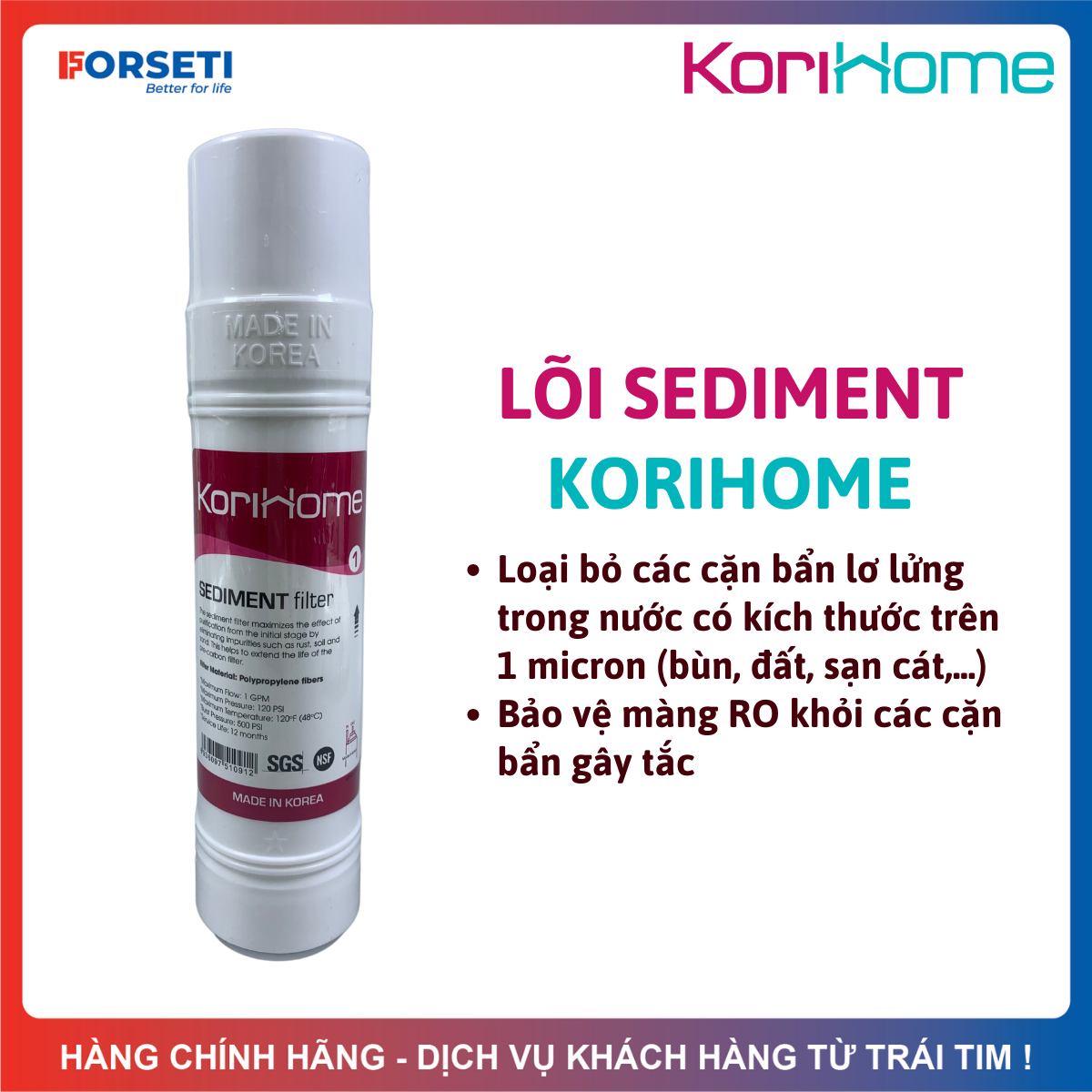 Lõi lọc nước Sediment Korihome Hàn Quốc - Lõi Số 1 - Loại bỏ các chất bẩn kích thước lớn hơn 1 micron...