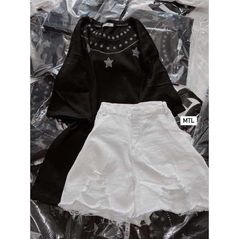 Set bộ áo thun sao in nhũ mix quần jean rách