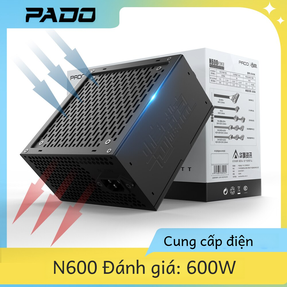 Aigo pado 400w 500w 600w bộ nguồn máy tính đen chơi game im lặng quạt 120mm 24 pin 12v atx máy tính để bàn nguồn điện