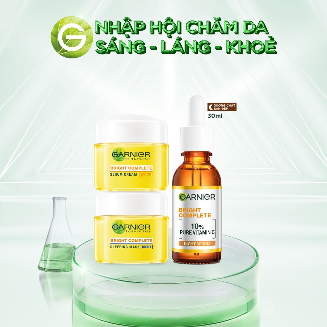 Bộ ba Dưỡng chất ban đêm dưỡng da sáng khỏe, giảm & ngừa thâm Garnier 10% Vitamin C nguyên chất & Kem dưỡng ngày đêm dưỡng da sáng khỏe đều màu (30mlX18mlX18ml)
