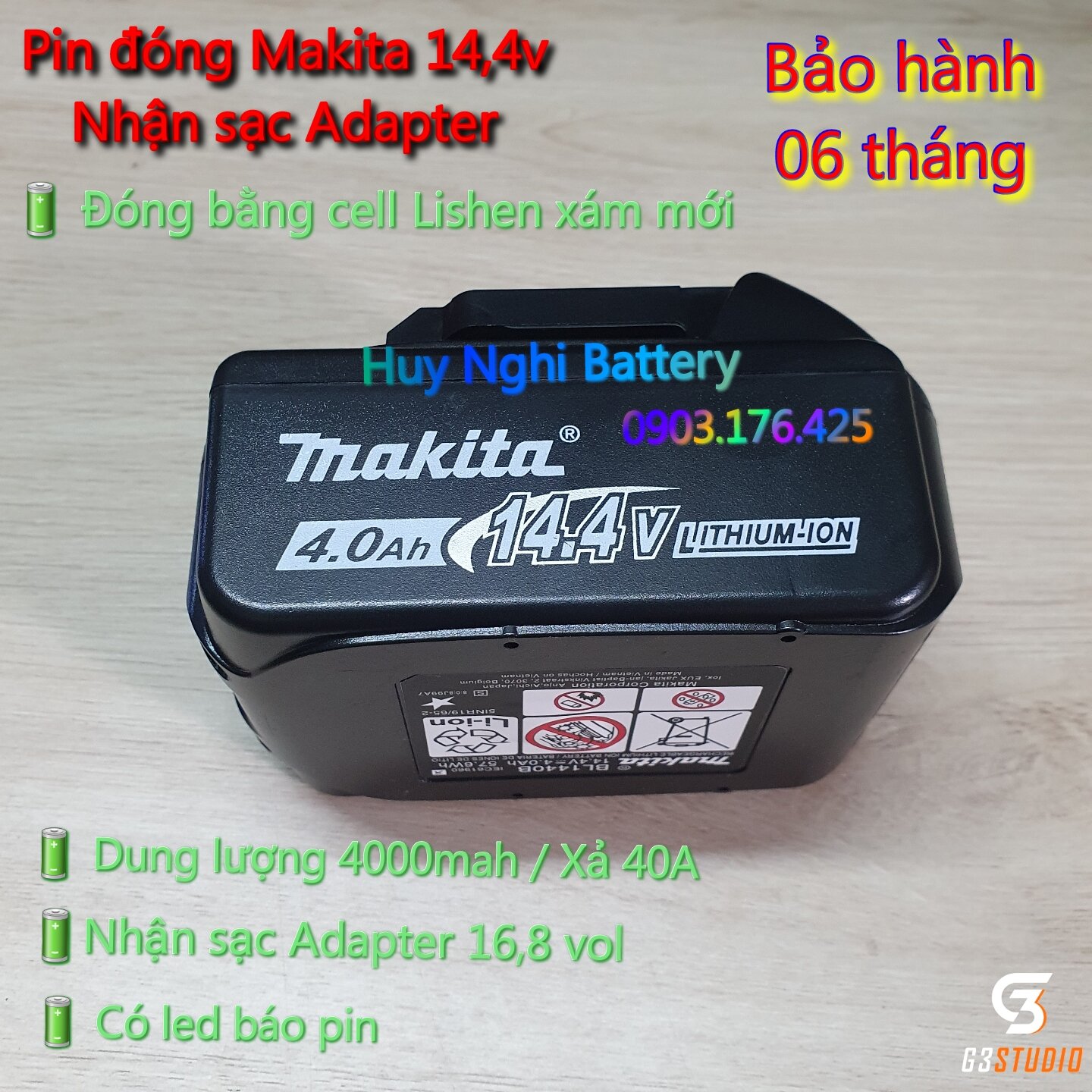 Pin đóng makita 14,4 vol - dung lượng 4a / xả 40a / nhận sạc adapter 16.8 vol
