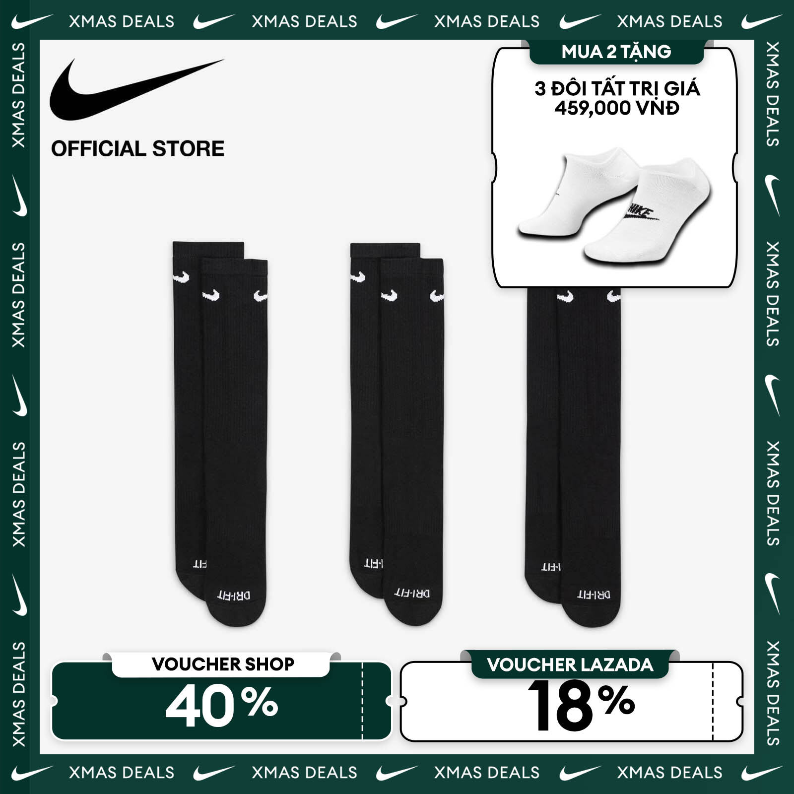   VOUCHER 40% + MUA 2 TẶNG VỚ  Tất Cổ Cao Nike Everyday Plus Cushioned Training Crew Socks  3 Pairs  - Black 