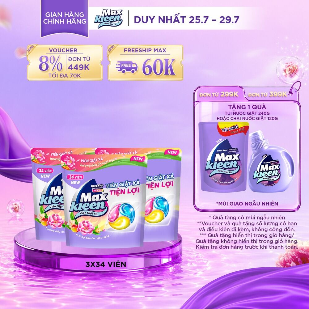 Combo 3 Túi Viên Giặt Xả MaxKleen Hương Huyền Diệu (34 viên/túi)