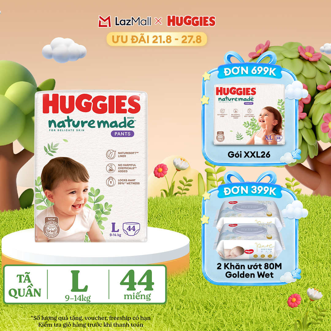 [17-24.08 QUÀ TẶNG ĐƠN 399K](Mua 1 tặng 1) Tã/Bỉm quần HUGGIES PLATINUM NatureMade L44 (9-14kg)-Gói Jumbo 44 miếng