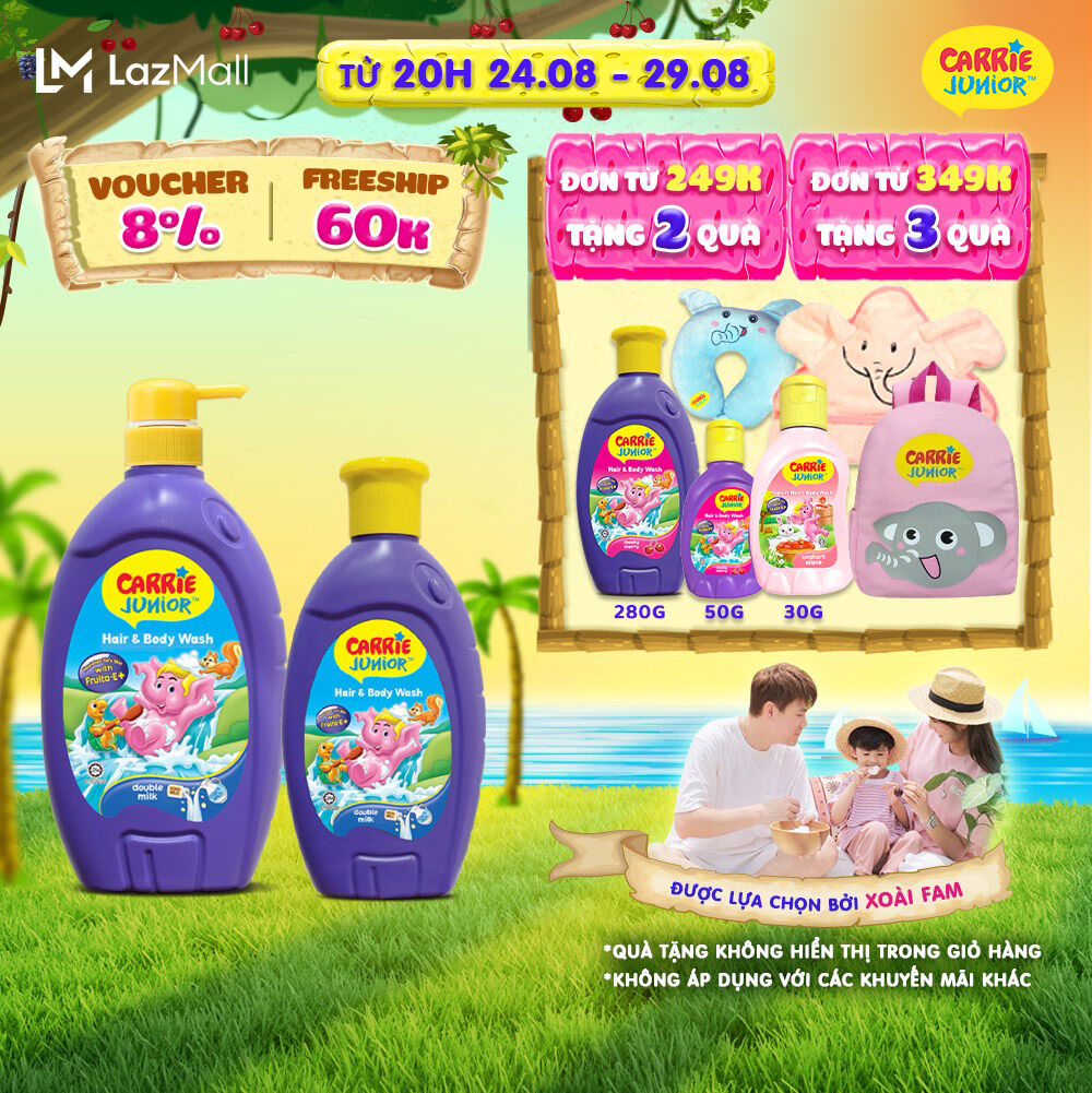 Combo Sữa Tắm Gội cho bé Carrie Junior chiết xuất trái cây thiên nhiên Tinh Chất Sữa 700g + 280g