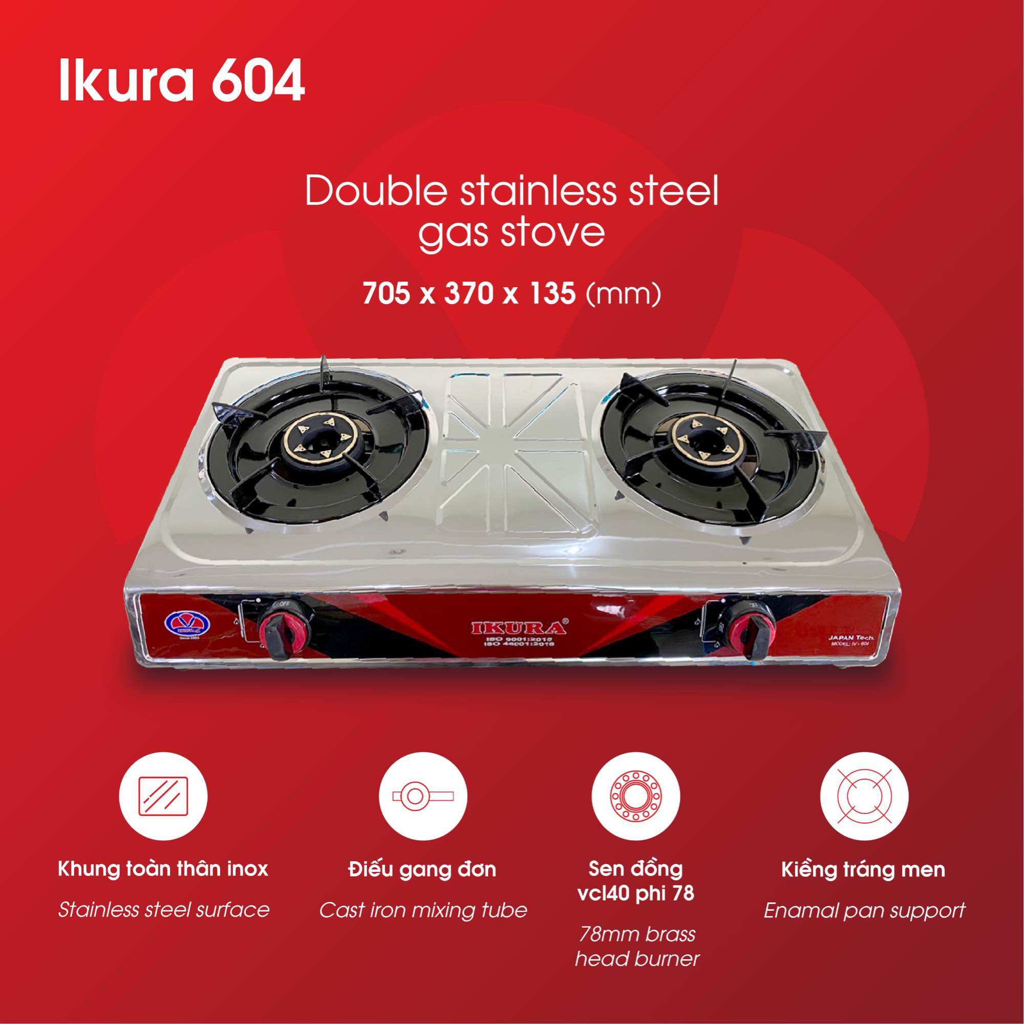Bếp Đôi Inox IKURA IV-604 Toàn thân inox siêu bền - tiết kiệm gas