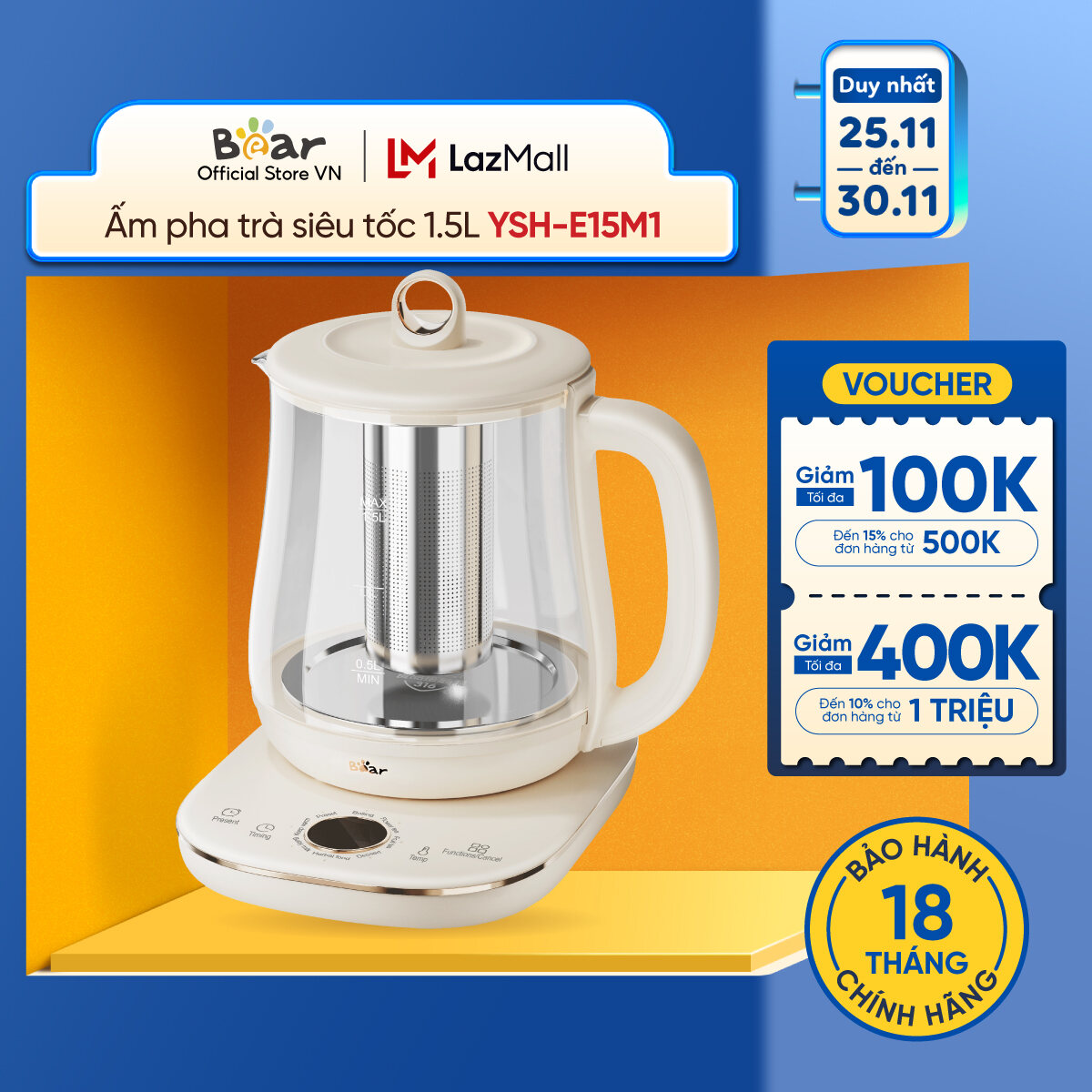 Ấm Đun Pha Trà 1.5L Siêu Tốc Bear YSH-E15M1 - Hàng Chính Hãng