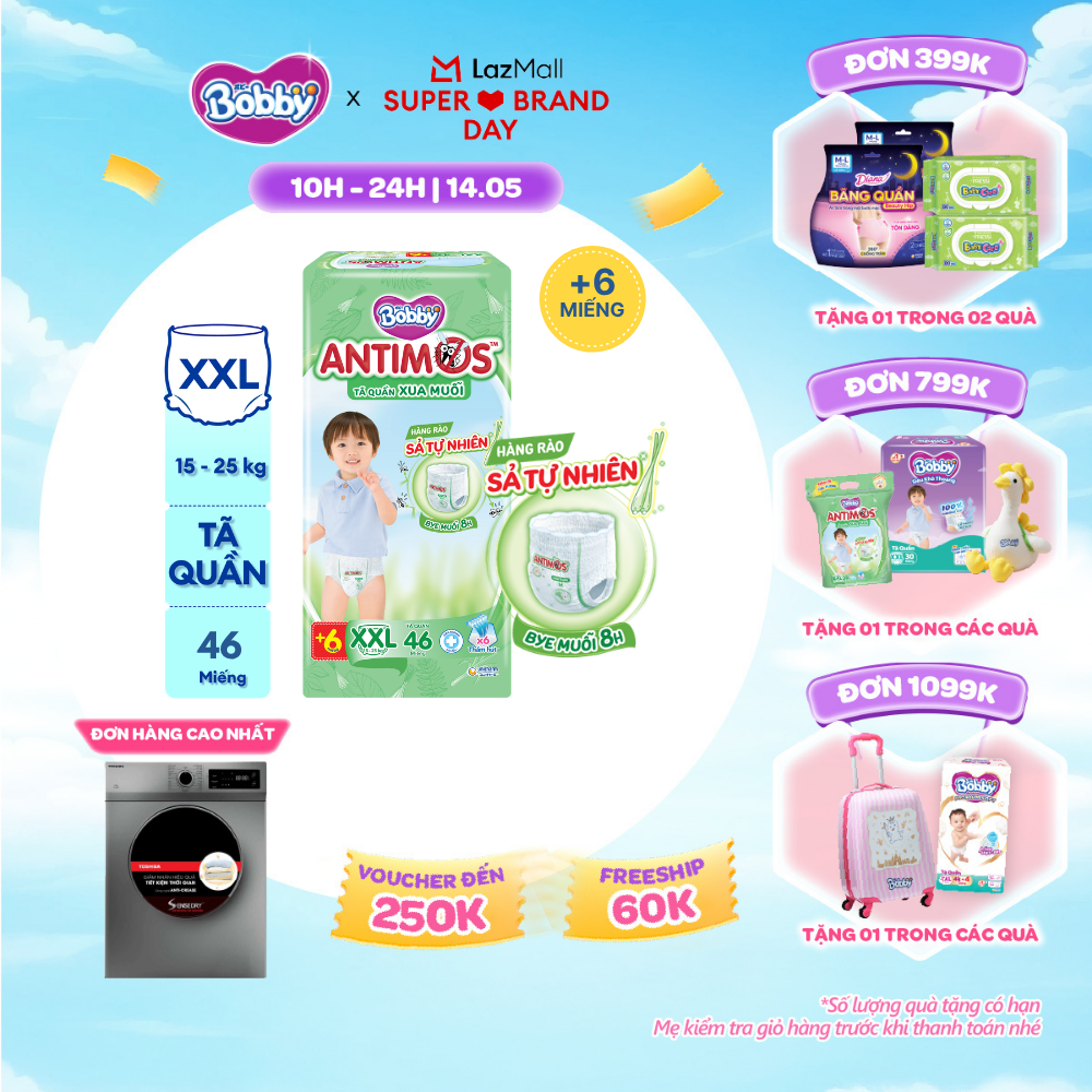 [SALE GIỮA THÁNG tặng QUÀ TO-SLCH][TẶNG KÈM 6 MIẾNG] Tã Quần Xua Muỗi Bobby Antimos – Hàng rào Sả tự nhiên Bye Muỗi 8H - Size XXL 46 miếng