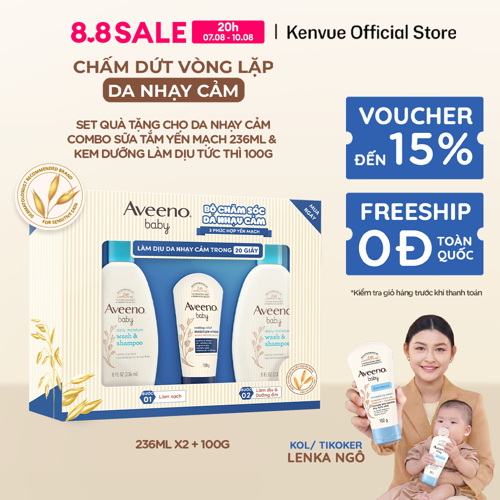 Bộ Dự Sinh Aveeno Baby - Sữa Tắm Yến Mạch 236ml x2, Kem Dưỡng Ẩm Tức Thì 100g
