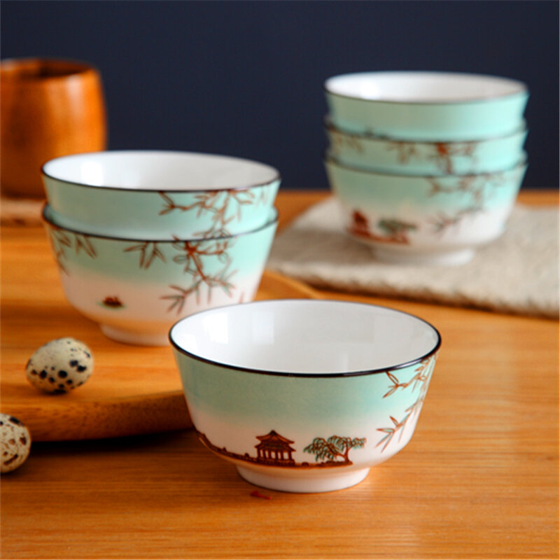 Bát ăn cơm gốm sứ gia dụng 4.5 inch-5 inch hồ tây hàng châu bộ đồ ăn bát mì canh bộ tráng men sáng tạo