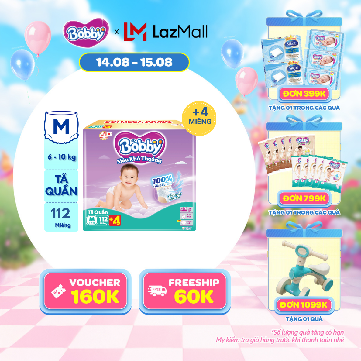 [12-14.08 QUÀ TO][TẶNG MIẾNG NGẪU NHIÊN] Tã quần Bobby Siêu Khô Thoáng - 100% Thoáng Khí Mega Jumbo M112 (số miếng tặng thay đổi theo từng đợt nhập hàng)