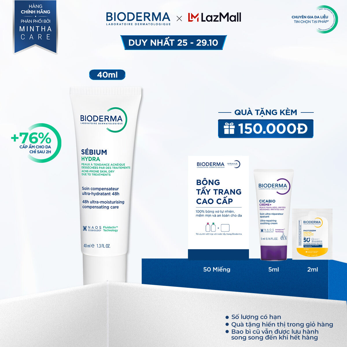 Kem dưỡng ẩm giảm khô căng, bong tróc cho da mụn Bioderma Sebium Hydra - 40ml