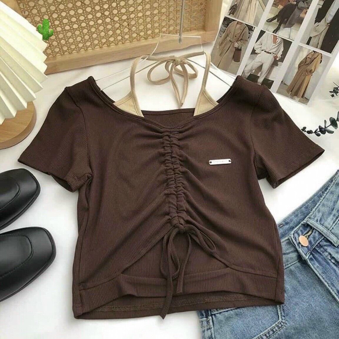 Áo croptop rút dây có dây yếm eo cực chất
