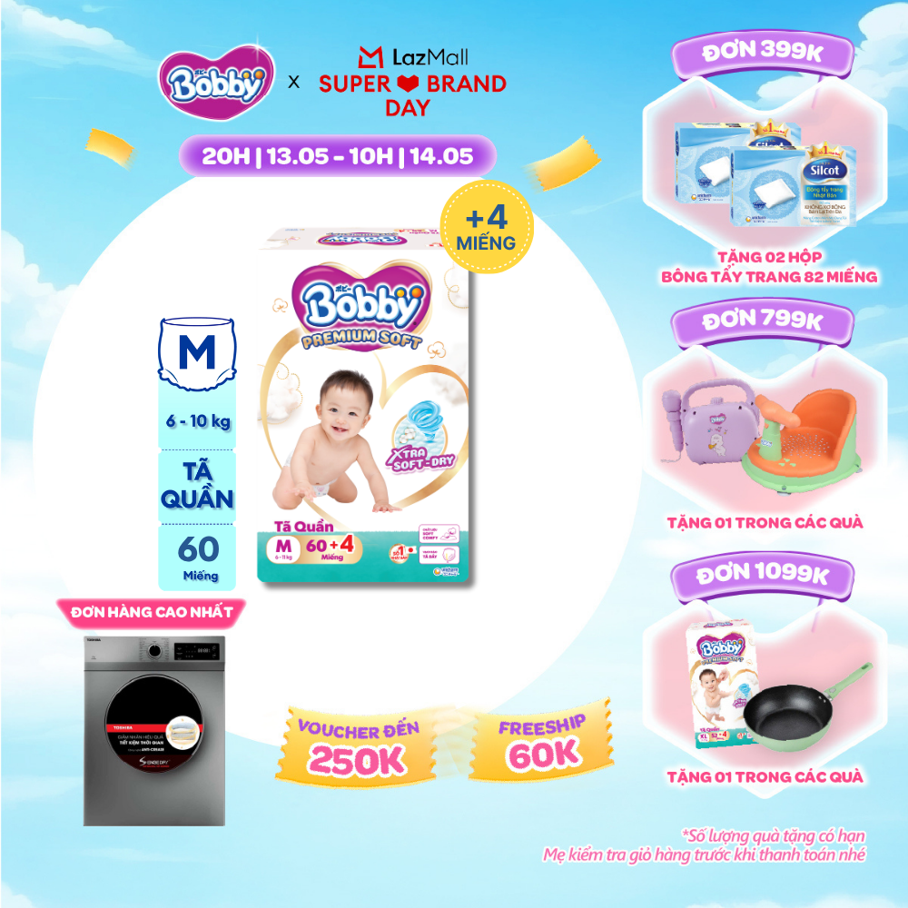 [CHỈ 20h 13.05 QT Đơn 899K/1199K][Tặng 4 miếng] Tã quần Bobby Premium Soft size M60