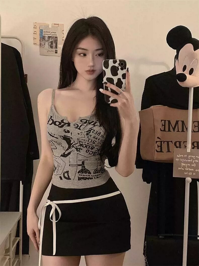 Áo Vest Cotton Màu Xám Ôm Vừa Vặn Cho Nữ Mùa Hè Áo Khoác Ngoài Ngắn Thiết Kế Punk American Hot Girl Áo Thun Tay Ngắn