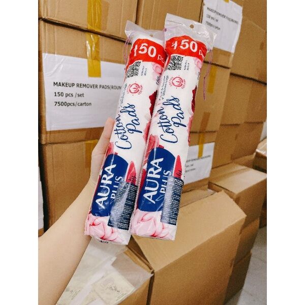Bông tẩy trang Aura 150 miếng, chất bông cotton, 2 lớp cực kì mềm mại và mịn, cam kết hàng đúng mô tả