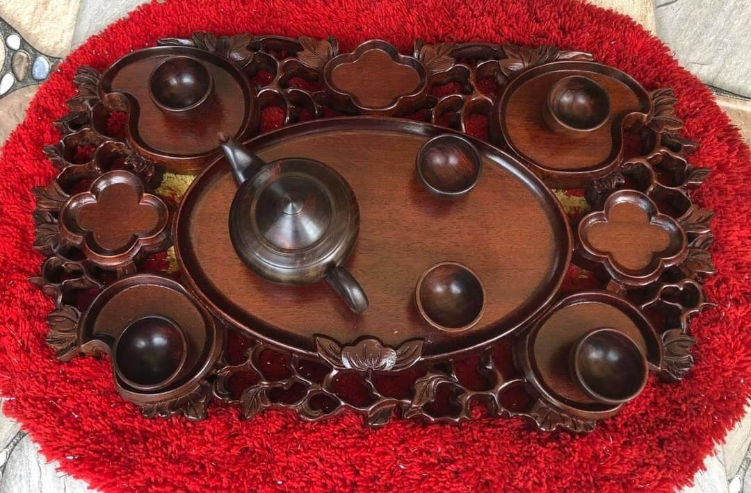 Khay trà quả đào gỗ gụ 50x30cm