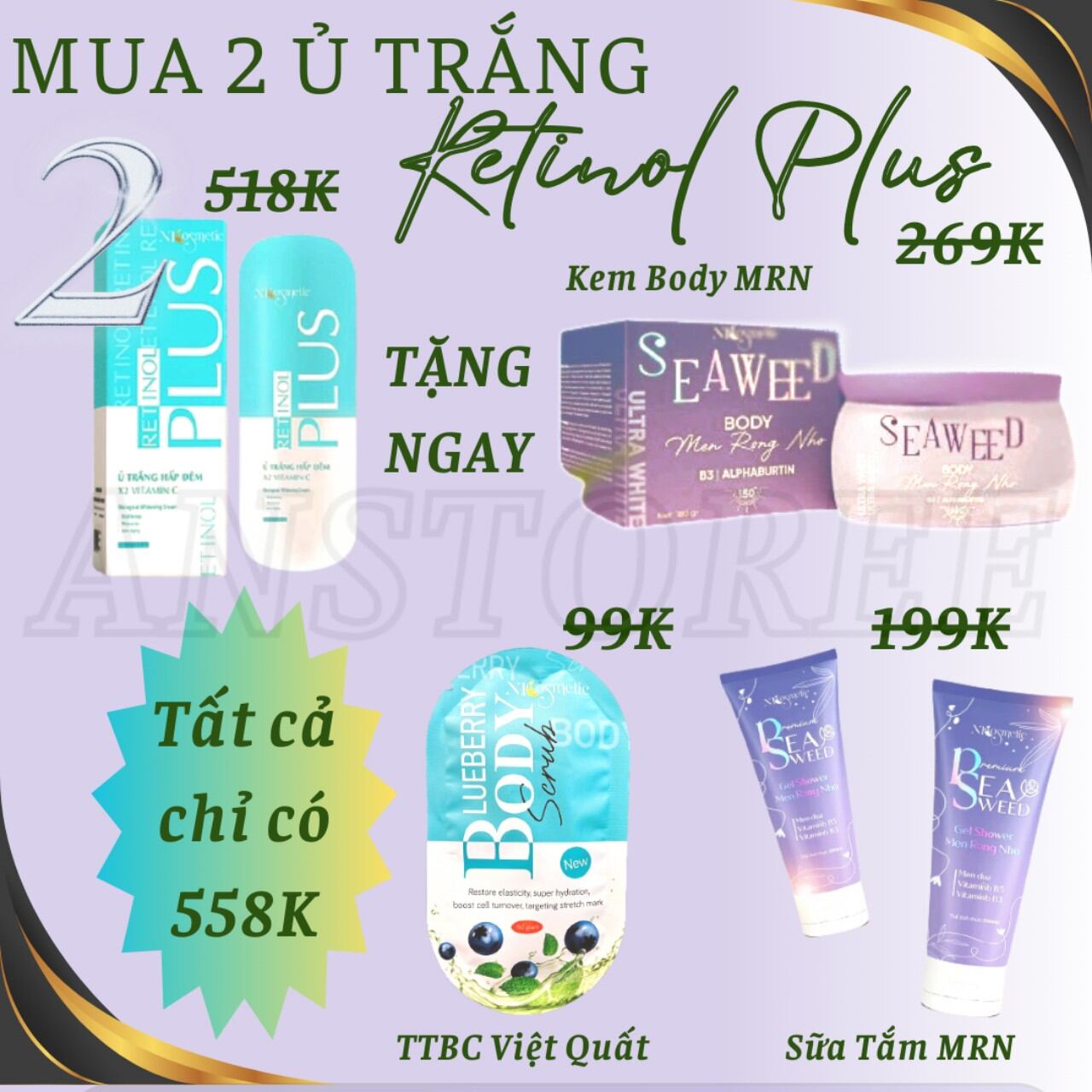 Combo 2 ủ retinol tặng body men rong nho seaweed