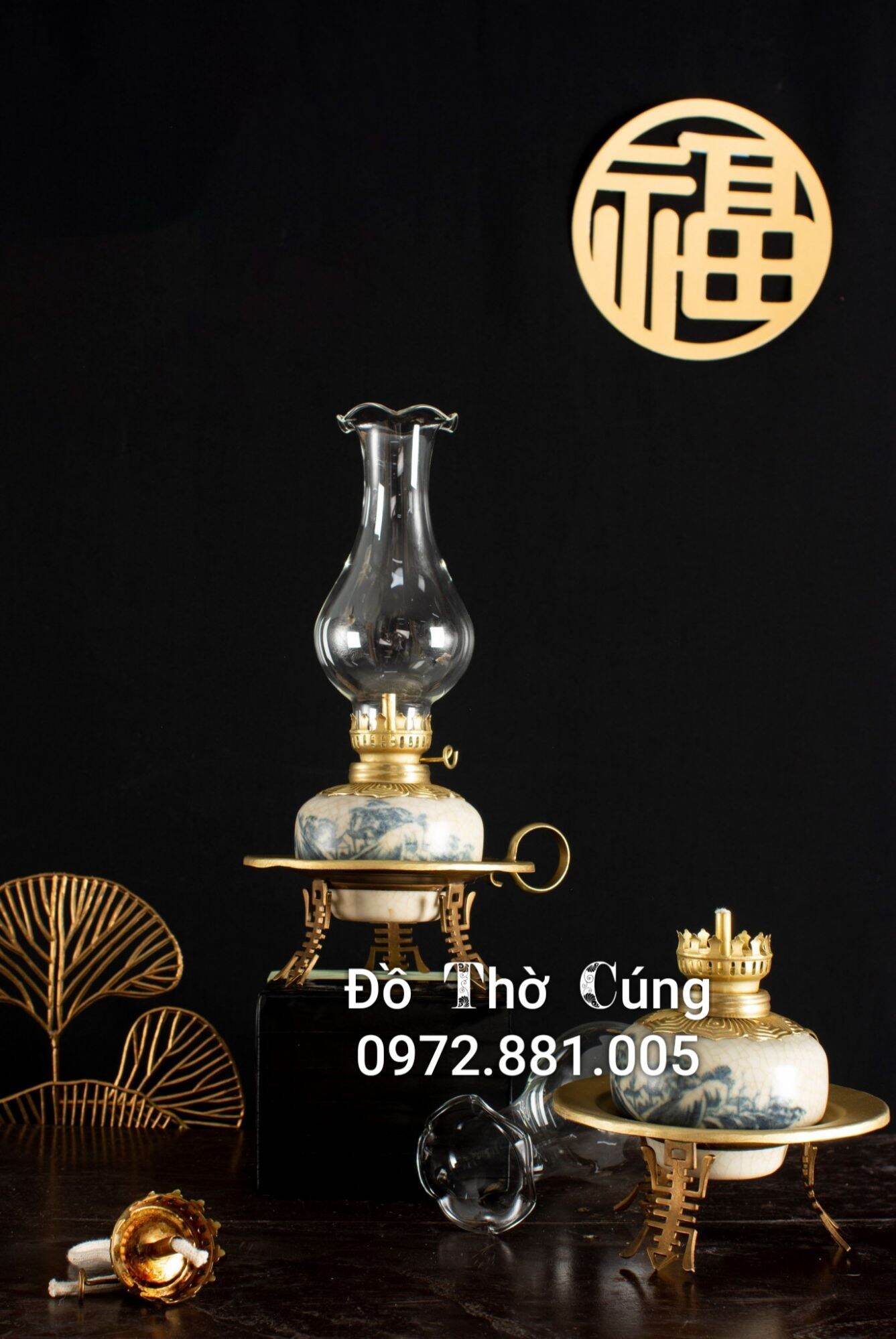 Đèn thờ , Đèn dầu men rạn cổ bọc đồng Bát Tràng cao cấp