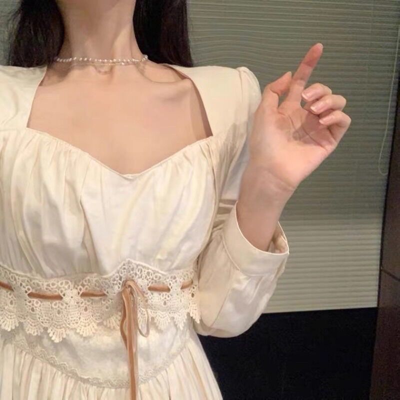 Đầm midi cổ vuông tay dài eo cao phong cách Hàn Quốc mới