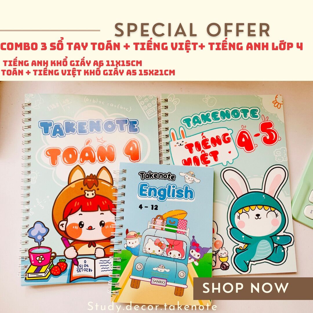 Combo sổ tay toán 4 + tiếng việt 4 + tiếng anh lò xo a6