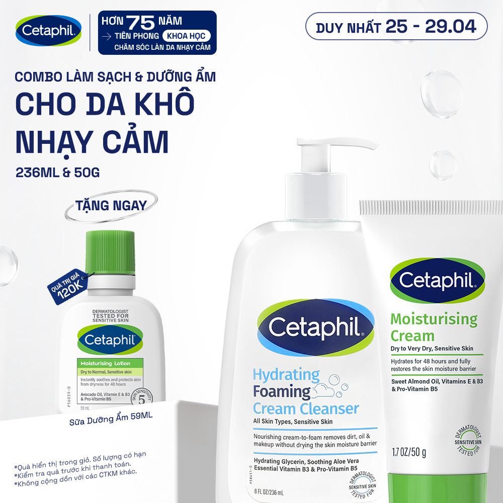 Combo Sữa Rửa Mặt Tạo Bọt Cetaphil Hydrating Foaming Cream Cleanser 236ml + Kem dưỡng ẩm CETAPHIL MOISTURISING CREAM 50G