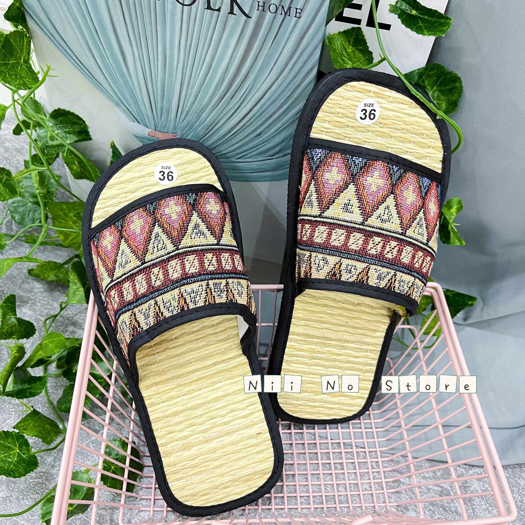 [ND017] Dép chiếu cói thổ cẩm đỏ quai ngang