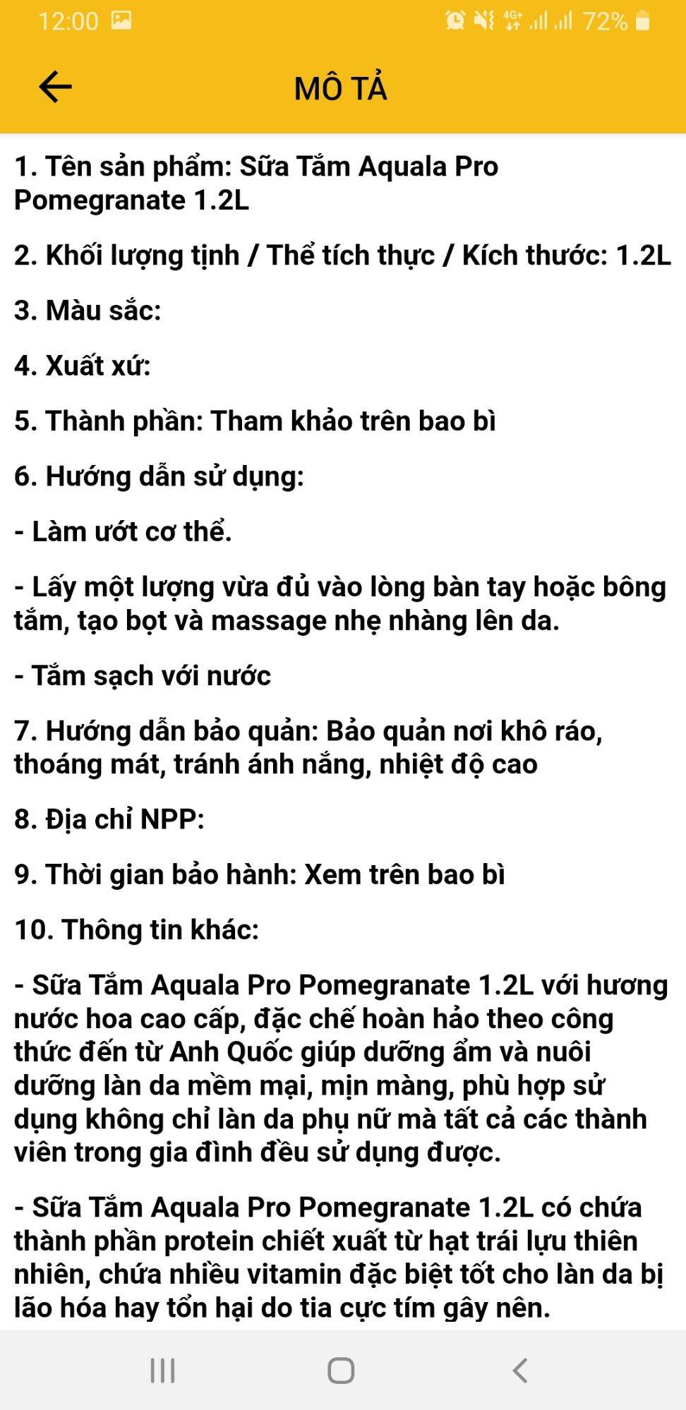 Sữa Tắm Aquala Pro Pomegranate 1,2 Lít