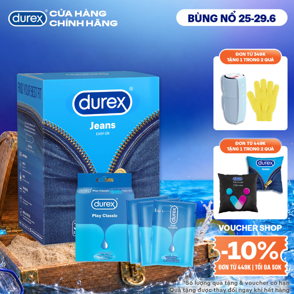 [ĐỘC QUYỀN] Combo 1 hộp  Bao cao su Durex Jeans 52.5mm 30 bao  1 Gel bôi trơn Durex play classic Hộp 3 gói x 5ml