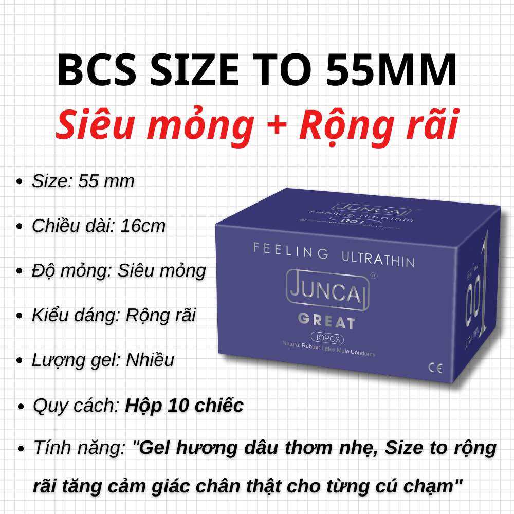 Bao cao su Size lớn 55mm Siêu mỏng Gấp đôi lượng gel Trơn mượt hơn JUNCAI 001 Great - Hộp 10 cái