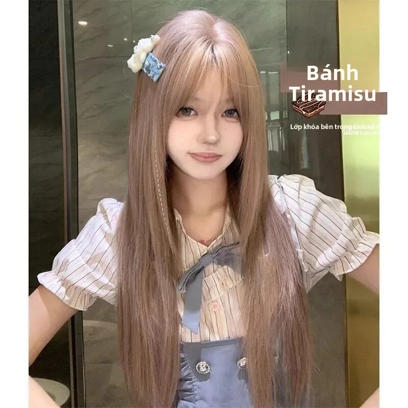 Nữ Dài Màu Nâu Phối Ren Phía Trước Tóc Giả Tuổi Giảm Hợp Thời Trang Lớp Nhìn Toàn Đầu Tóc Tổng Hợp Sợi Đen Xuất Xứ Trung Quốc