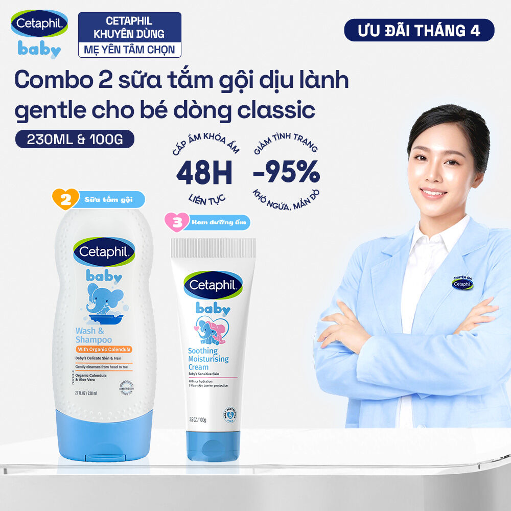 Combo 2 bước Sữa tắm gội với Calendula hoa cúc hữu cơ 230ml + Kem dưỡng ẩm làm dịu đa năng Cetaphil Baby 100Gr